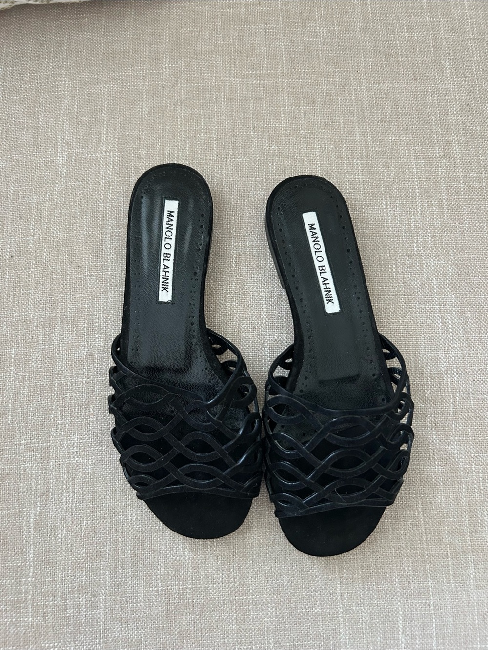 Manolo Blahnik Black Woven Slide Mules